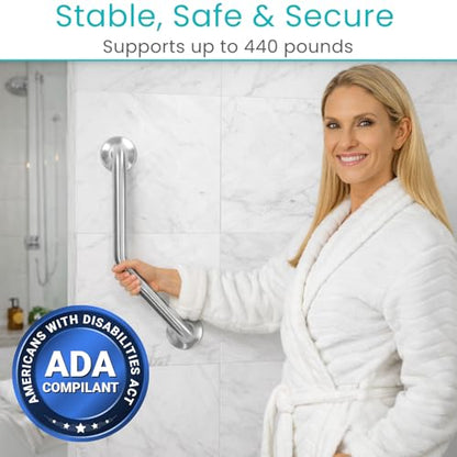 Vive Angled Shower Grab Bar (Supports 440lbs) - ADA Compliant Tub | Bathroom, Bathtub Safety Assist Rail for Handicap, Seniors, Elderly - 16in Grip Handle for Bath and Toilet - Brushed Nickel