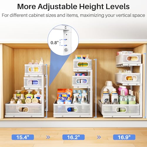 Under Sink Organizer, 3-Tier Thickened Metal Pull out Cabinet Organizer Shelf, Height Adjustable Slide out Storage Drawer Rack for Kitchen Bathroom Pantry Laundry Home Organization, 1-Pack, White | 35% Extra Storage Capacity, Carbon Steel, Hold Up 55lbs,
