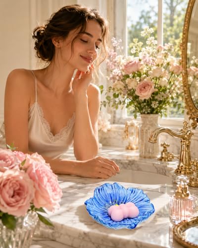 Self Draining Ceramic Soap Dish, Flower Shaped Soap Holder for Bathroom with Stable Base, for Kitchen Countertop, Bathroom Sink, Shower, Keeps Soap Dry, Decorative Soap Holder (Flower-Blue)