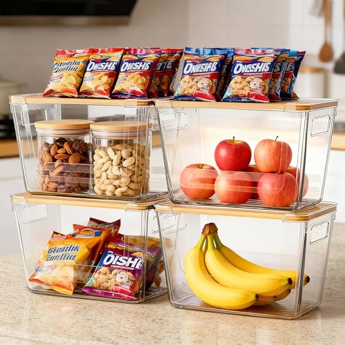 4 Pack Pantry Storage Containers for Onions, Potatoes and Trash Bags | Clear Design for Easy Access, Premium Bamboo Lid, Multi-Functional & Stackable Storage - size: 4 Pack