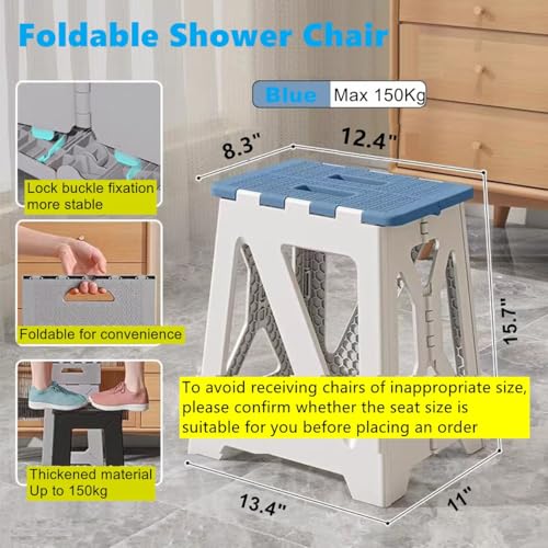 Foldable Bath Shower Safety Chair Seat Blue, Foldable and Anti-Slip Bench Bathtub Stool for Elderly or Seniors (Foldable ShowerChair 15.7" H Blue Seat Size 12.4" x 8.3“) - size: Foldable 15.7"H Blue