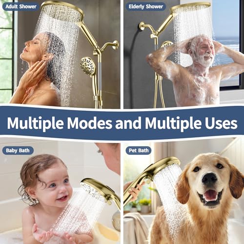 High Pressure Dual Shower Head with Handheld Spray Combo | 9 Spray Modes Handheld Showerhead, Double Rainfall Structure, Waterfall Shower Equipped with 79-Inch Hose, Brushed Gold - color: Brushed Gold