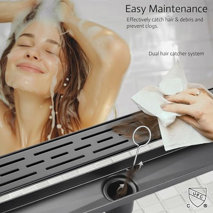 Linear Shower Drain, 48" Matte Black, Easy to Install & Clean | Including Hair Catcher & Removable Grate, Fits No-hub System, 304 Stainless Steel(Drain Base Not Included) - color: Matte Black, size: 48 inch