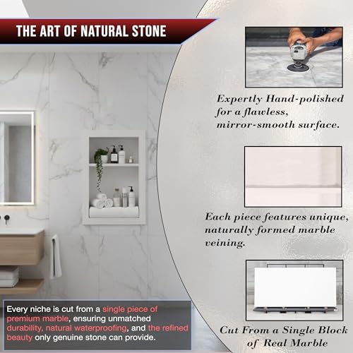 16" X 24" White Marble Shower Niche for Bathroom Shelf | Recessed Wall Insert | Rectangular 2 Shelves Storage Bathroom Organizer | No Tiles Needed (Pure White)