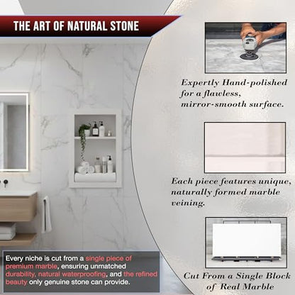 16" X 24" White Marble Shower Niche for Bathroom Shelf | Recessed Wall Insert | Rectangular 2 Shelves Storage Bathroom Organizer | No Tiles Needed (Pure White)