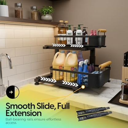 Premium Large Under Sink Organizer, 2-Tier Pull Out, Adjustable | Heavy-duty carbon steel, 7 adjustable heights and smooth ball-bearing sliding baskets for kitchen and bathroom cabinets
