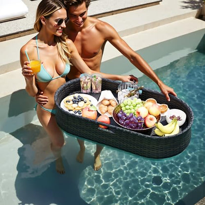 Devoko Pool Floating Tray 38”x20” Wicker Swimming Pool Drink Holders, Black | Large Oval Portable Serving Tray with Handles Wicker Swimming Pool Bar Accessories Floating Table for Adults, Spas, Parties - color: Black