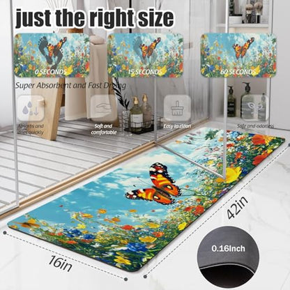 Bathroom Runner Mat Rugs Long,Cat Flower Garden Butterflies 3d beautiful Diatomite Stone Bath Mat Large Absorbent Diatomaceous Earth Mat Non Slip Fast Dry Shower Mat Bathroom Rugs Floor Mat 16x42in - color: Design19