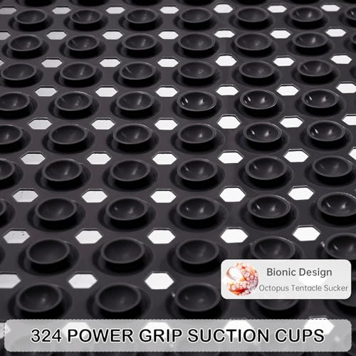 Non-Slip Bathtub and Shower Mats, Power Grip Bath Mat 35 x 16.3 Inch with Suction Cups and Drain Holes for Tub Bathroom Floor Safety, Machine Washable Soft Bathmat, Black - color: Black