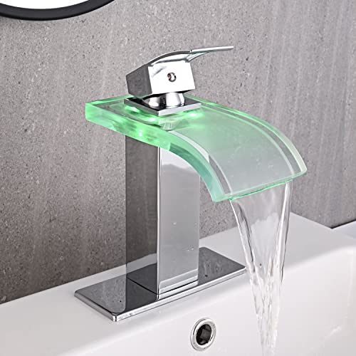 AVSIILE LED Bathroom Sink Faucet, Chrome Waterfall Single Hole Handle Vanity Faucets for Sinks 1 Hole with Metal Pop Up Drain and 2 Water Supply Lines, Wide Glass Spout - color: Chrome