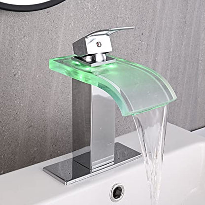 AVSIILE LED Bathroom Sink Faucet, Chrome Waterfall Single Hole Handle Vanity Faucets for Sinks 1 Hole with Metal Pop Up Drain and 2 Water Supply Lines, Wide Glass Spout - color: Chrome