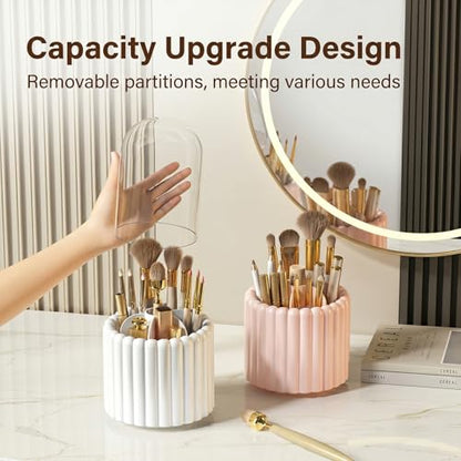 Toothbrush Holder with Sliding Lid, Toothbrush Holders for Bathrooms,360° Rotating Makeup Brush Storage Rack - Waterproof and Dustproof, Toothbrush Toothpaste Holder Beauty Brush (Light Pink) - color: Light Pink