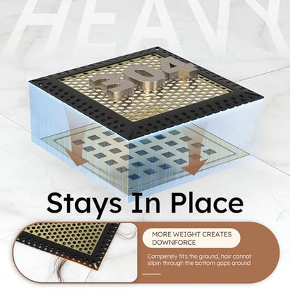 Not Moving Square Shower Drain Hair Catcher, Drain Cover, 6 inch | 304 Stainless Steel and TPE Material/ Efficient Drainage / Easy Clean / Anti-Clogging / Fits Bathroom Hair Catcher for Shower - color: Matte Black & Brushed Gold, size: 6 inch