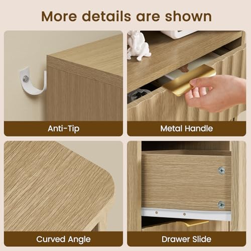 Fluted Night Stand, Nighstand with Charging Station and LED Light, Modern Bed Side Table for Small Space, Storage Drawer and Open Shelf, for Bedroom, Natural - color: Unbzx024rd-zf