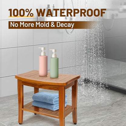 20" Premium Teak Shower Bench with Shelf & Handle, Solid Teak Shower Stool, Durable Wooden Waterproof Seat for Inside Shower, Teak Wood Bench for Bathroom, Indoor & Outdoor Use - size: 20" W x 13.5" Dx 18" H
