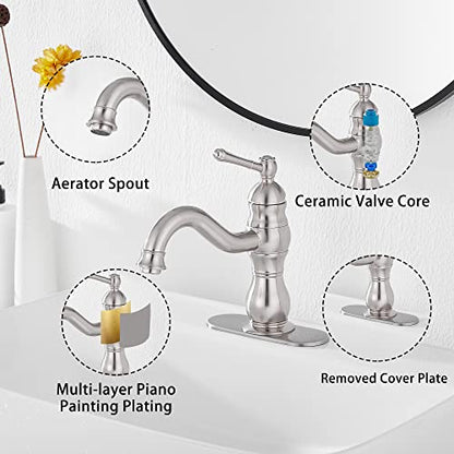 Bathroom Faucet Brushed Nickel GGStudy 360° Swivel Bathroom Vanity Faucet Single Handle One Hole Bathroom Sink Faucet Basin Matching Pop Up Drain with Overflow - color: Brushed Nickel, size: Short