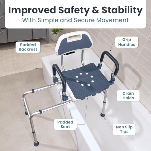 Sliding Shower Chair Tub Transfer Bench with Swivel Seat, Shower Bench for Elderly and Disabled, with Security Belt, 360 Rotation, Slides and Rotates, Adjustable,one Touch Slide Button, Dark Blue - color: Dark Blue