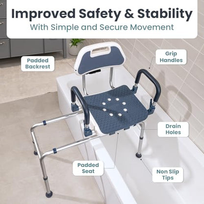 Sliding Shower Chair Tub Transfer Bench with Swivel Seat, Shower Bench for Elderly and Disabled, with Security Belt, 360 Rotation, Slides and Rotates, Adjustable,one Touch Slide Button, Dark Blue - color: Dark Blue