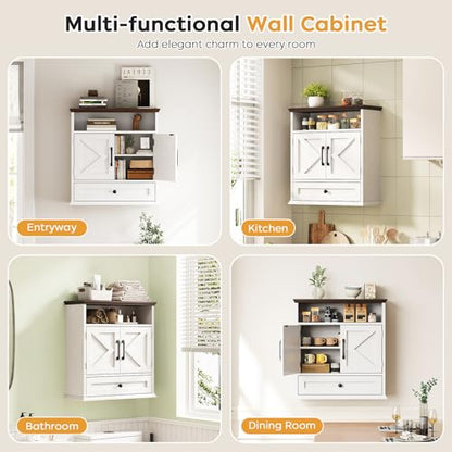 Bathroom Wall Cabinet, Wall Mounted Medicine Cabinet 24.4"H x 23.6"W x 9"D | With Drawer, Barn Doors & Adjustable Shelf, White Over Toilet Farmhouse Storage Cabinet for Kitchen, Laundry Room, Entryway - color: White