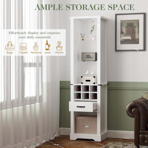 Tall Storage Cabinet with LED Lights and 3 Tier Adjustable Tempered Glass Shelves, Wine Bottle Storage and Reinforced Base, Freestanding Linen Tower w/ Extra Drawer for Kitchen, Living Room