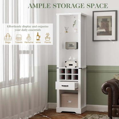 Tall Storage Cabinet with LED Lights and 3 Tier Adjustable Tempered Glass Shelves, Wine Bottle Storage and Reinforced Base, Freestanding Linen Tower w/ Extra Drawer for Kitchen, Living Room