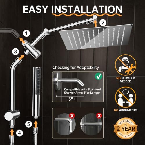 Veken All Metal 12" Luxurious Shower Head with Handheld,Full Body Coverage | Large Detachable 12" Square Rain Showerhead,Dual High Pressure Shower Heads Combo,Power Jet,Overhead Waterfall,Chrome,Silver - color: Chrome, size: 12 Inch