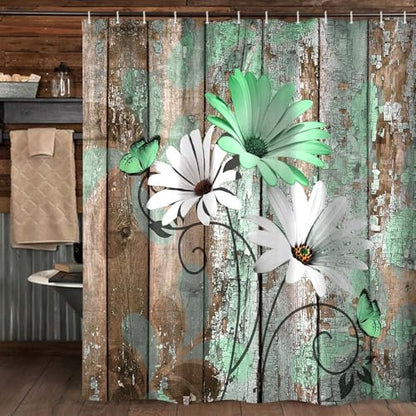 JAWO Farmhouse Flower Floral Shower Curtain, Rustic Green Daisy Shower Curtain Set, Country Green Wild Garden Plant Fabric Shower Curtain with Hooks, Brown Wooden Board Bathroom Curtain, 60x70inch - color: Daisy-green, size: 60"W x 70"L (Pack of 1)
