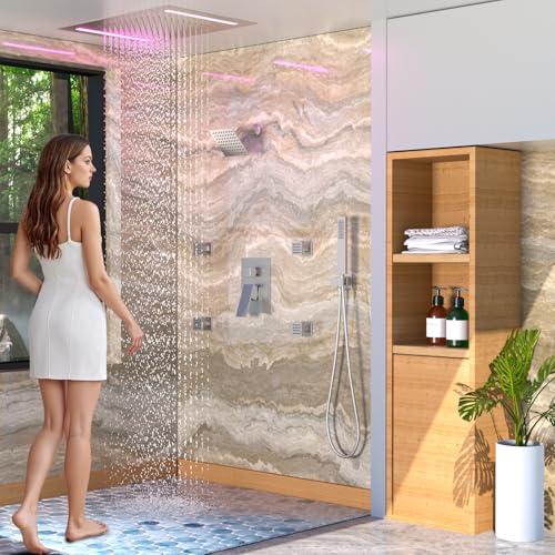 ENGA Dual Rain LED Shower System, 14"x20" Large Shower Head + 6" Wall Shower, 4 Body Jets with Individual On/Off & Adjustable Water Pressure, Rainfall Shower Faucet Set, Brushed Nickel - color: Brushed Nickel, style: 14X20" Led Shower - Body Jets