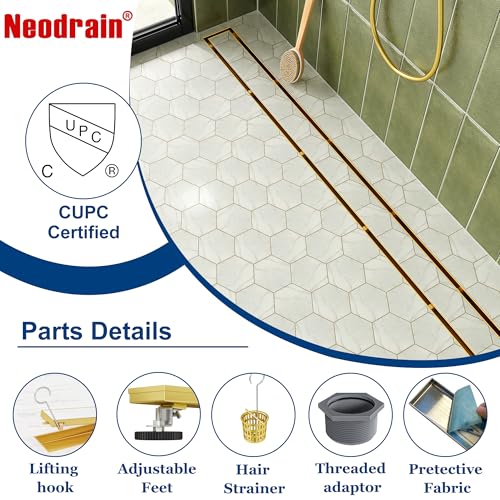 Neodrain 36-Inch Linear Shower Drain-Gold,with Tile Insert Grate | 304 Stainless Steel, Fast Drainage, Rectangle Shower Floor Drain with Leveling Feet & Hair Strainer, Fits Bathroom, Balcony - color: Gold, size: 36 IN