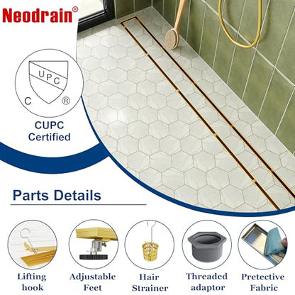 Neodrain 30-Inch Linear Shower Drain-Gold,with Tile Insert Grate | 304 Stainless Steel, Fast Drainage, Rectangle Shower Floor Drain with Leveling Feet & Hair Strainer, Fits Bathroom, Balcony - color: Gold, size: 30 IN