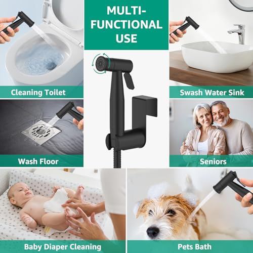 Handheld Bidet Sprayer for Toilet with Leakproof Hose Matte Black,Stainless Steel,Adjustable Water Pressure 2-Function Cloth Diaper Sprayer,Wall/Toilet Mount Jet Spray for Baby Feminine Seniors Wash - color: Matte Black