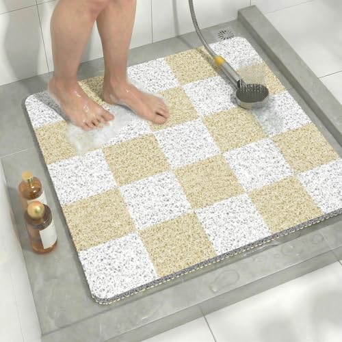 Square Loofah Shower Stall Mat 24"x24", Quick Drying Shower Mats with Drain, PVC Loofah Bath Mat for Wet Room & Bathroom Floor, Soft Textured & Elderly Safe, Washable & Resistant, Beige Checkered - color: Beige Checkered, size: 24" x 24" (Square)