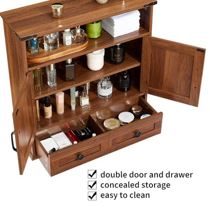 Bathroom Cabinet with Double Barn Doors – Wall Mounted Medicine Cabinet over Toilet with Adjustable Shelf & Drawer, 25" Wide Hangging Storage Cabinet for Bathroom, Kitchen, Laundry, Entryway Brown - color: Brown