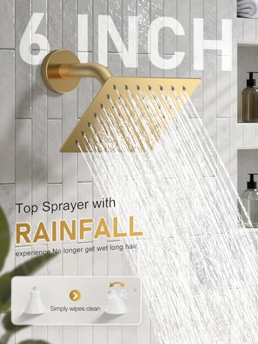 Woindo Shower Faucet Set, 10" Ceiling Mount Rainfall Shower System with 2 Rain Shower Head and Multi-function Handheld Head Push Button Diverter Shower Faucet Trim Kit - color: Brushed Gold, style: 10"-Ceiling-01