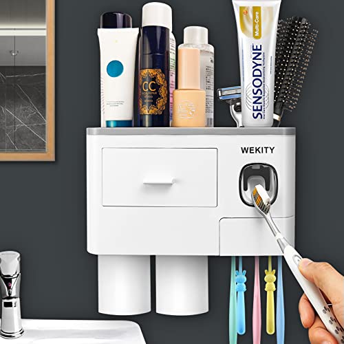 Wekity Multifunctional Wall-Mounted Toothbrush Holder, Automatic Toothpaste Dispenser Space Saving Toothbrush and Toothpaste Holder, with 2 Cups and Drawers Cosmetic Organizer(Grey) - color: Grey