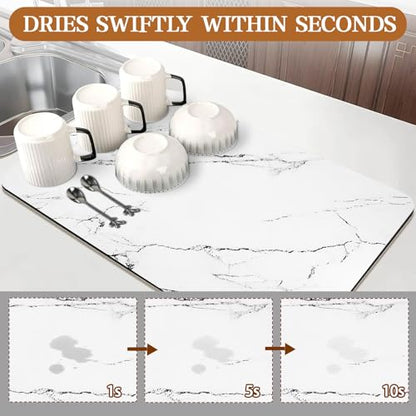 Dish Drying Mat for Kitchen Counter, 12"x19" Heat Resistant Drainer Mats with Non-slip Rubber Backed, Hide Stain Kitchen Drying Mat Super Absorbent Draining Mat, Easy to Clean Dish Rack Pad (White)