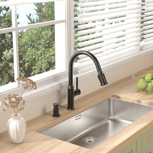 Lava Odoro Oil Rubbed Bronze Kitchen Faucet with Pull Down Sprayer, Single Hole Kitchen Sink Faucet, Single Handle Kitchen Faucet with 3-Function Magnetic Sprayer, Deck Plate Included, KF421-ORB-M - color: Oil Rubbed Bronze, style: 3-Mode, Magnetic