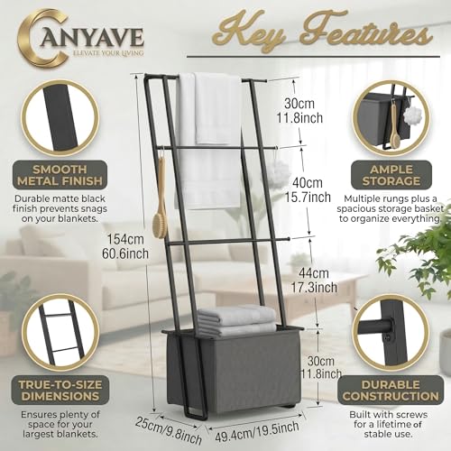 2-in-1 Leaning Blanket Ladder with Storage Basket, Matte Black Metal Towel Rack Stand, Drill-Free Space Saving Organizer for Bathroom & Bedroom Throws, 63" - color: Black With Bag