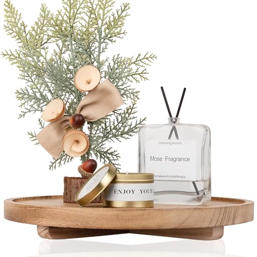 Round Decorative Tray Farmhouse Kitchen Decor Soap Dish 12" Brown | Waterproof, Lightweight, Easy Clean, Wood Riser Pedestal Stand Accessories for Office Desk, Vanity, Counter, Sink - color: Brown, size: 12"