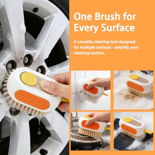 All-in-One Refillable Scrub Brush with Built-in Tank, Press to Dispense Solution for Multi-Surface Cleaning: Clothes, Shoes, Wheels, Kitchen, Bathroom. Hangable, Large Capacity, Dense PET Bristles