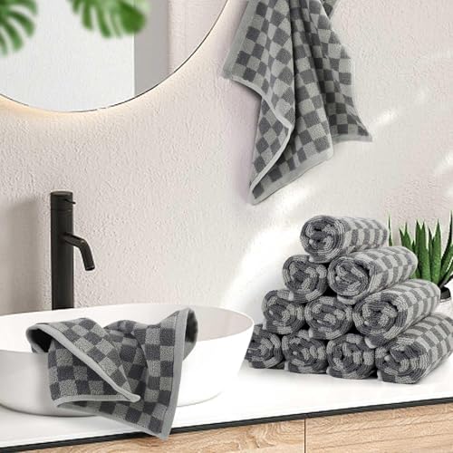 Super Soft Wash Cloths(Grey Checkered), 12 Pack Washcloths Facecloth | Cotton Face Towels Set for Body Showering 13x13 Inches, Gifts - color: Grey