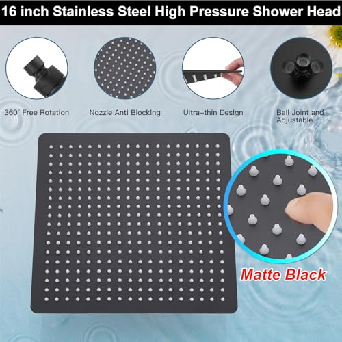 Midanya Shower Faucet Set with Handheld Sprayer,16 Inch,Matte Black | Rough-in Shower Valve and Trim Kit Included,Square Rain Head,Wall Mount Shower System,All Metal,Bathroom - color: Black, size: 16 Inch