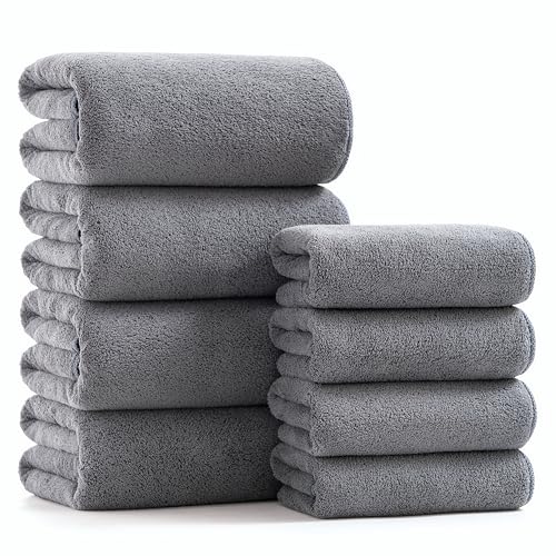 sakano Microfiber Bath Towel Set Ultra Soft Absorbent Speedy Drying Fade Resistant, 4 Bath Towels and 4 Hand Towels, Perfect for Family Bathroom, Gym, and Spa Use - Dark Grey - color: Dark Gray, size: 4 Hand +4 Bath