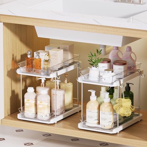Delamu 2 Tier Under Sink Organizer Bathroom, Bathroom Cabinet Organizer with Snap-Lock Design and Hooks, Pull Out Storage with Movable Dividers, for Countertop, Kitchen and Pantry (White, 2 Pack) - color: White, size: 2 pack
