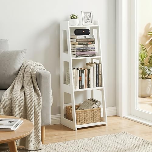 4-Tier Bathroom Ladder Shelf Freestanding, 12.6" W x 37" H | White Floor Shelves, Small Bookshelf, Nightstand, for Home Study, Laundry Room, Open Display Rack, 11.8" Deep - size: 11.0”D x 12.6”W x 37”H