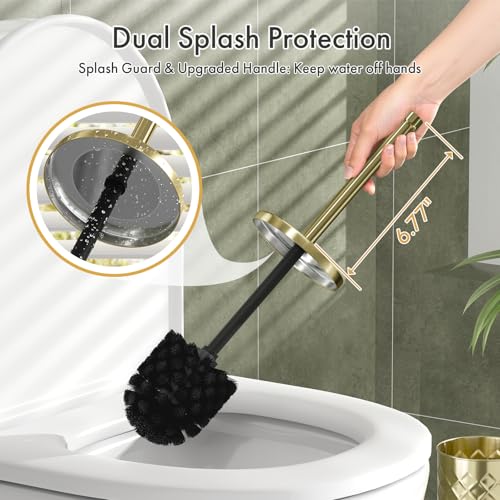 Toilet Bowl Brush and Holder Set 3 Pack with 6 Extra Brush Heads (Gold) | Extra Long Handle with Splash Guard Cover, Tool-Free Installation, Bathroom Space-Saving, Cleaner Sets for Apartments, RV - color: Gold