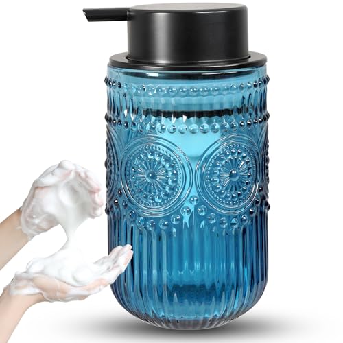Glass Foaming Soap Dispenser - Foam Hand Soap Dispenser for Bathroom, 12 Oz Face Wash Dispenser Bottle with Foam Pump, Refillable Dish Dispenser for Kitchen (Blue) - color: Blue