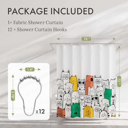 AmazerBath Shower Curtain, Washable Cute Kitty Carnival Cloth Shower Curtain Set with 12 Metal Hooks, Kawaii Waterproof Fabric Black and White Shower Curtain for Kids' Bathroom, 72x72 Inches - color: D- Kitty Carnival+12 Metal Hooks, size: 72"W x 72"L (Pa