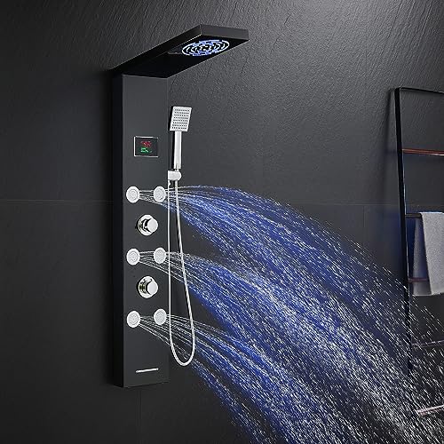 LED Rainfall Shower Tower System, Stainless Steel Hydroelectric Shower Panel Tower System (No battery need) with 6 Pcs Body Jets, Black - color: Black - 6 Body Jets