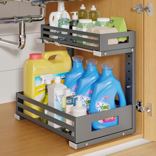 1-Pack Under Sink Organizers and Storage,2-Tier L Shape Pull Out Cabinet Organizer With Round Tube Slide Rails,Hight Adjustable Slide Out Drawers for Kitchen&Bathroom,Multi-Purpose Storage Shelf-Gray - color: Gray, size: 1 Pack-15.7"Dx11.4"-16.34"H